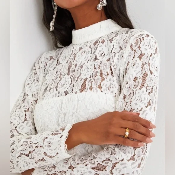 LULUS- White Lace Bodycon Mini Dress with Open Back and Sleeves - Picture 4 of 7